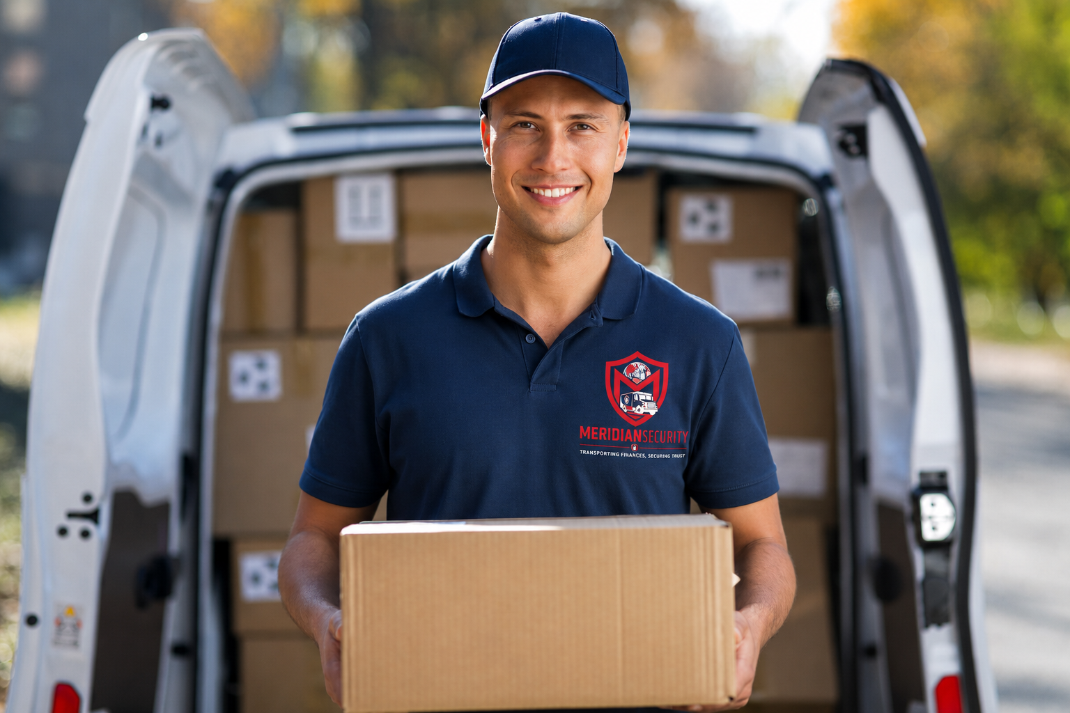 MeridianSecurity courier in uniform handing over a sealed consignment at the rear of a secure transport van