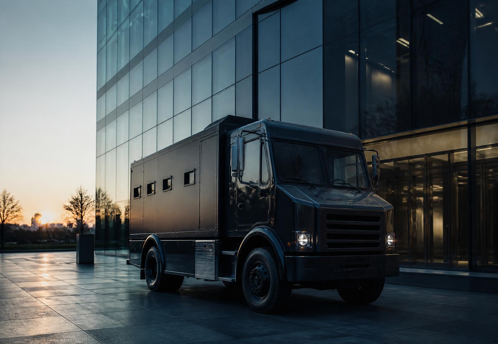 Secure transport vehicle parked outside a modern office building at dawn